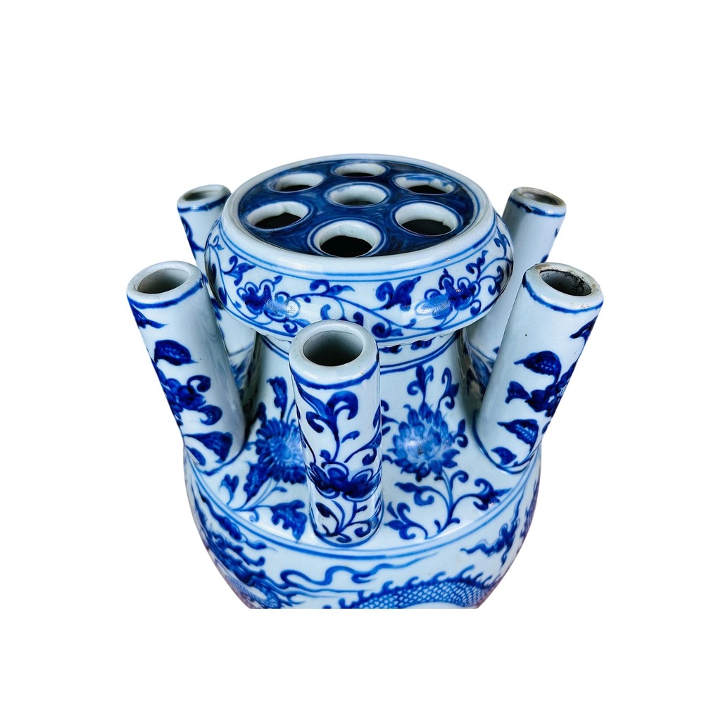 Grand Tulipière 15" Blue & White Chinoiserie Dragon Vase Porcelain Multi-Spout - Picture 3 of 17